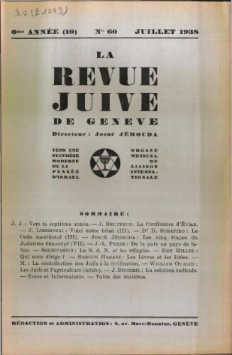 La Revue Juive de Genève. Vol. 6 n° 10 fasc. 60 (juillet 1938)